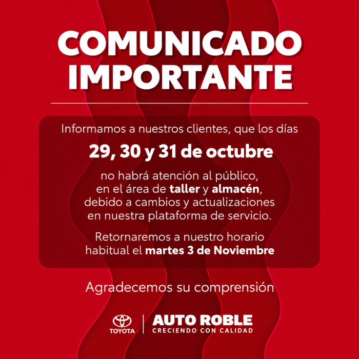 Comunicado importante de Toyota Auto Roble